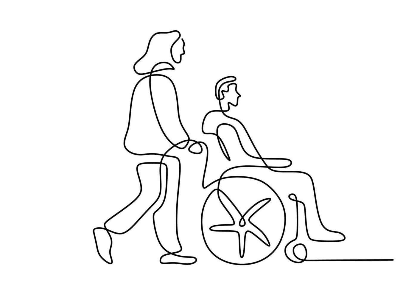 un ligne dessin de mature couple et roue chaise sur blanc Contexte. vecteur