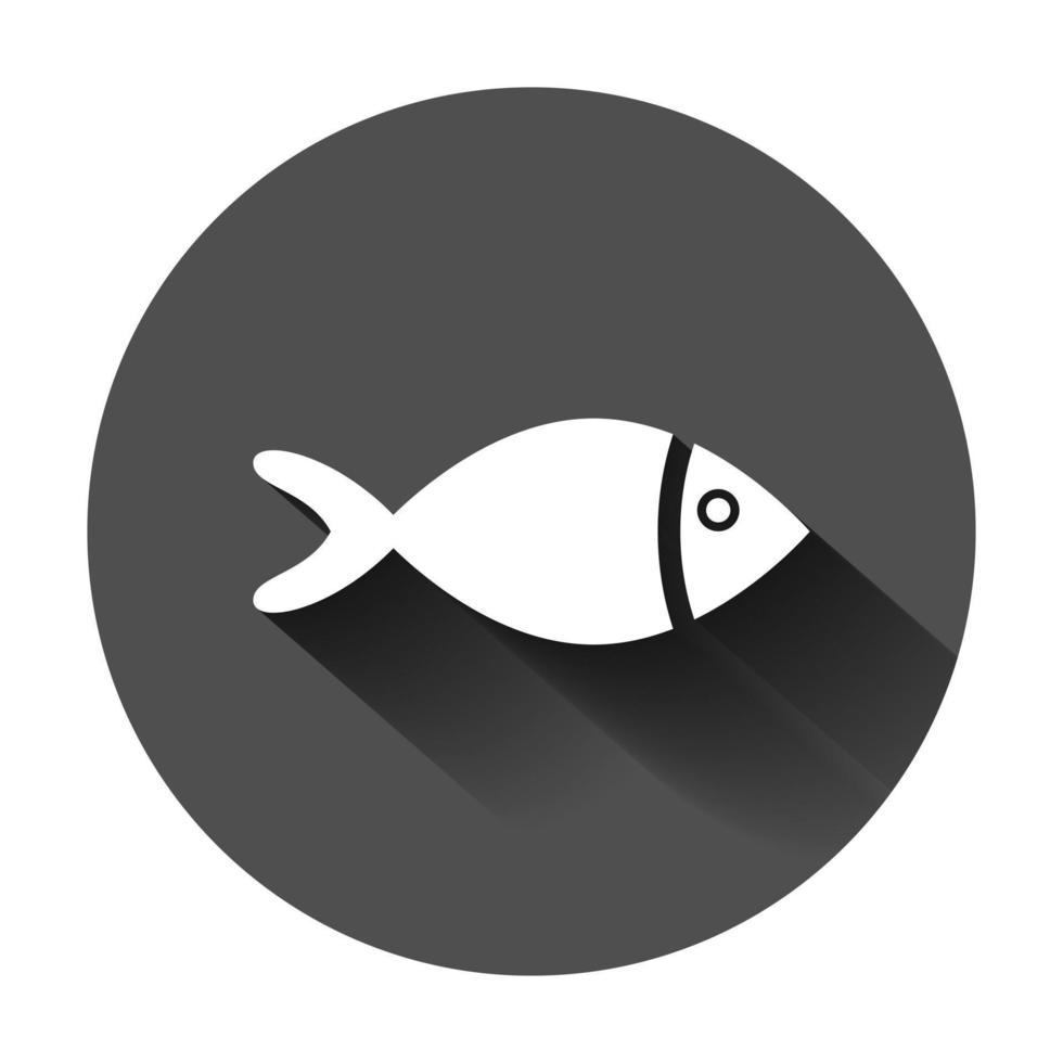 poisson signe icône dans plat style. poisson rouge vecteur illustration sur noir rond Contexte avec longue ombre. Fruit de mer affaires concept.