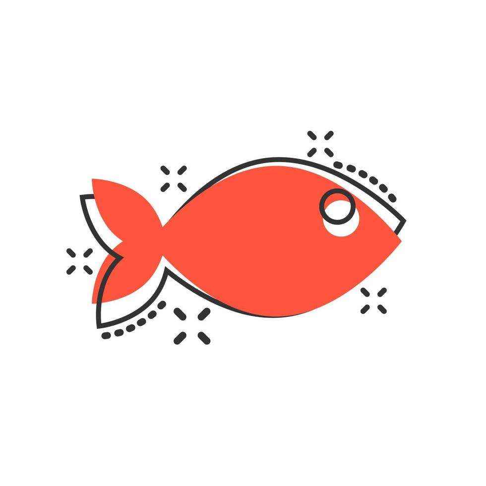icône de signe de poisson dans le style comique. illustration de dessin animé de vecteur de poisson rouge sur fond blanc isolé. effet d'éclaboussure de concept d'entreprise de fruits de mer.