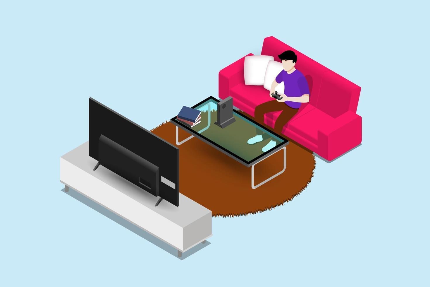 personnage de l'homme jouant une console de jeu sur un grand écran LED et assis sur un canapé dans un salon pour se divertir dans le concept d'intérieur de maison moderne. conception d'illustration vectorielle plat isolé. vecteur