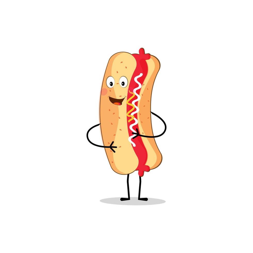 chaud chien dessin animé mascotte personnage. nourriture concept. affiches, menus, dépliants, la toile, et icône vite aliments. illustration vite aliments. marrant chaud chien, saucisse, saucisse personnage avec yeux, jambes. vecteur