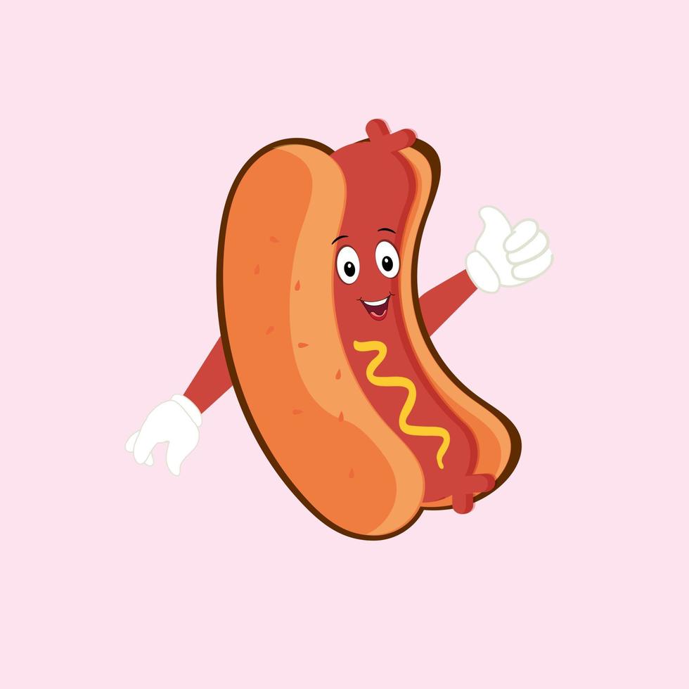 chaud chien dessin animé mascotte personnage. nourriture concept. affiches, menus, dépliants, la toile, et icône vite aliments. illustration vite aliments. marrant chaud chien, saucisse, saucisse personnage avec yeux, jambes. vecteur