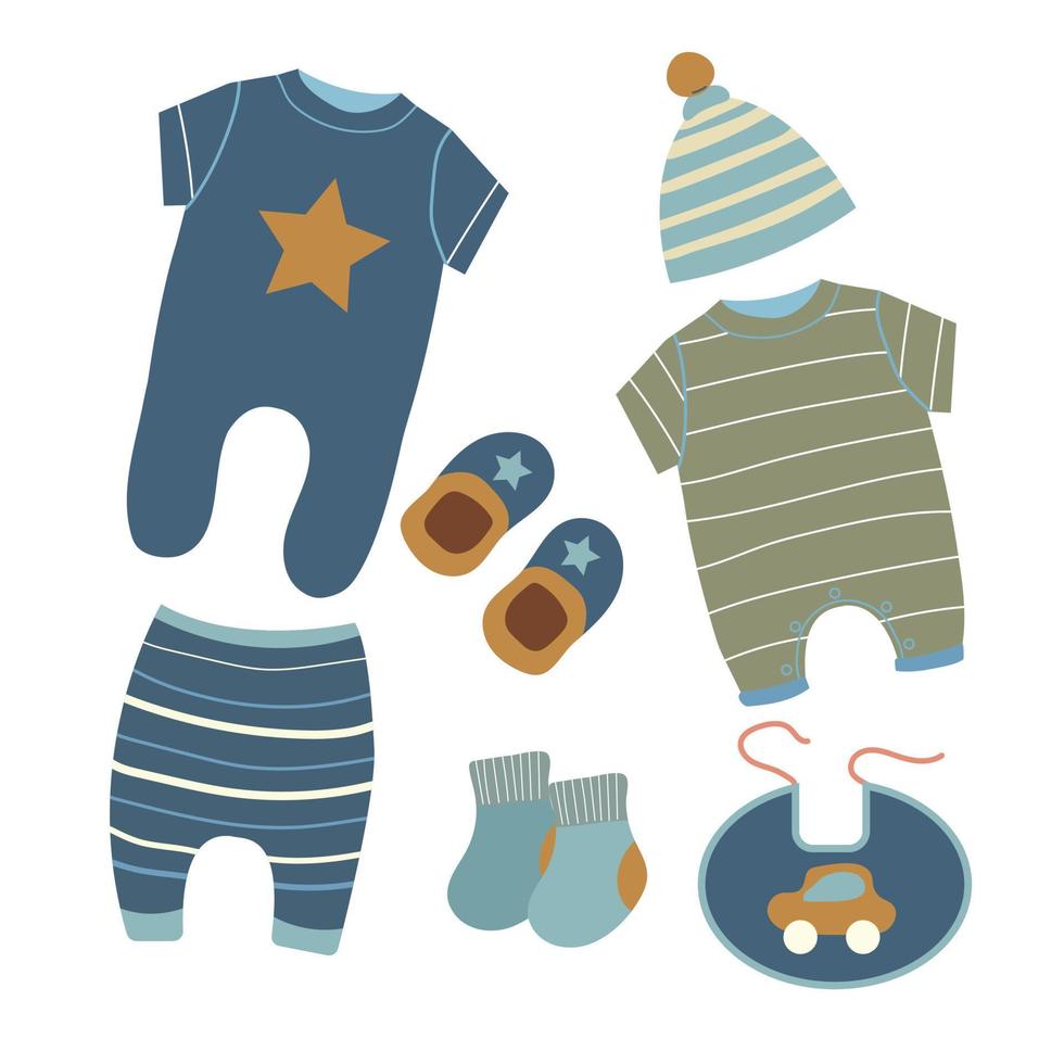 ensemble de vecteur des illustrations de bébé vêtements pour une garçon. nouveau née bébé tenue plat Icônes. peu garçon robe en haut dessin animé éléments. corps, salopette, tee-shirts, chaussettes. collection de enfants vêtements.