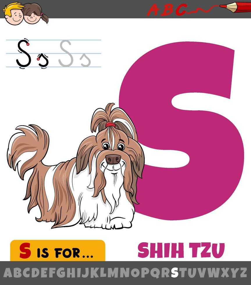 Feuille de calcul lettre s avec chien de race shih tzu de dessin animé vecteur