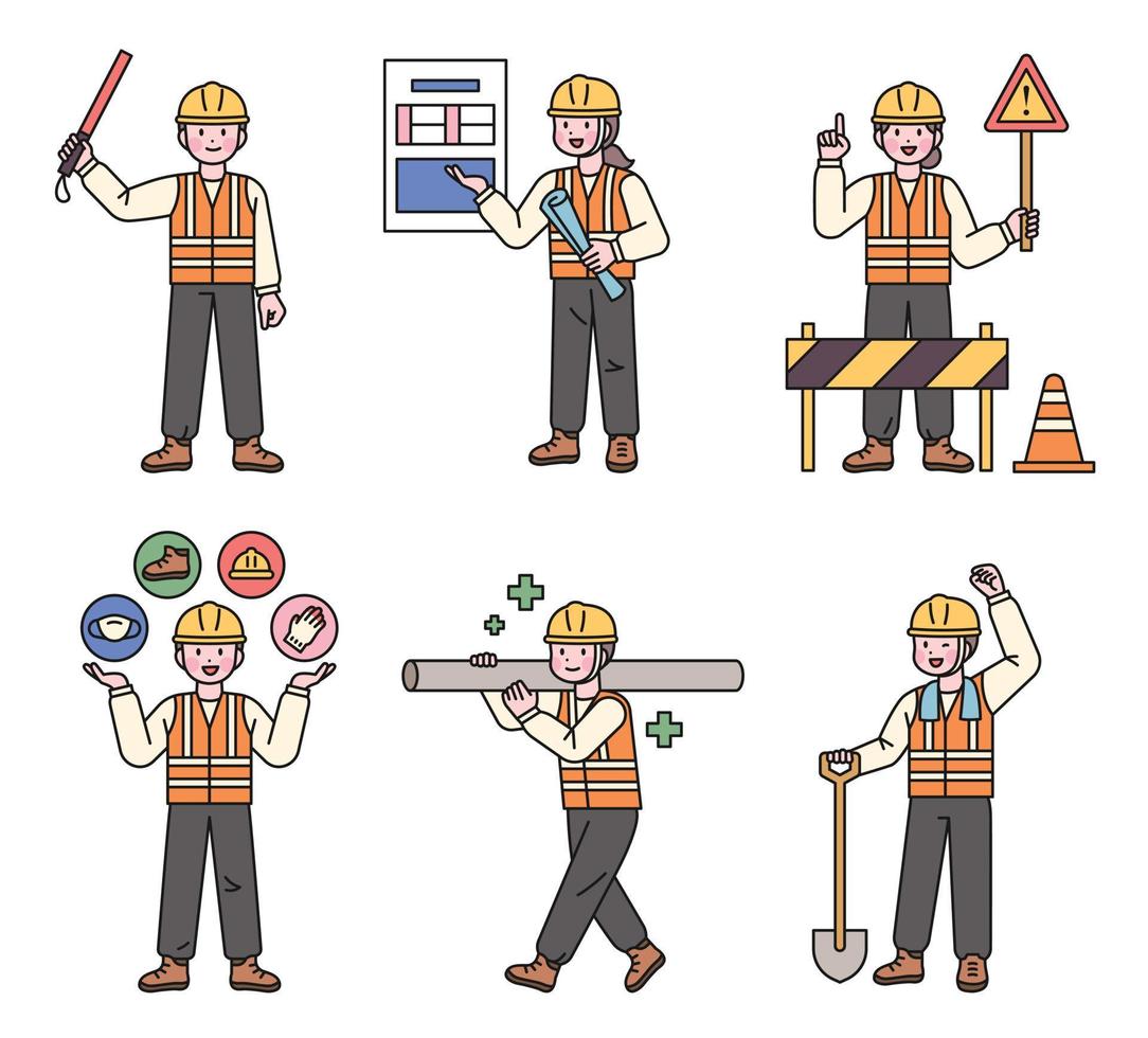 construction site ouvriers expliquant sécurité règles. elles ou ils sont travail avec équipement. Icônes et gestes. vecteur