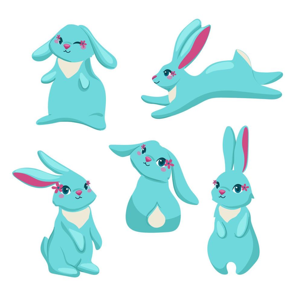 ensemble de blanc lapins dans différent pose et expression. content Pâques jour, dessin animé personnage conception. vecteur illustration isolé sur bleu Contexte.
