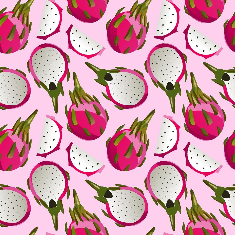 exotique fruit sans couture modèle avec dragon fruit sur foncé Contexte. main tiré été tropique fruit texture. vecteur fruit illustration. pour textile, vêtements, lit lin, Bureau Provisions