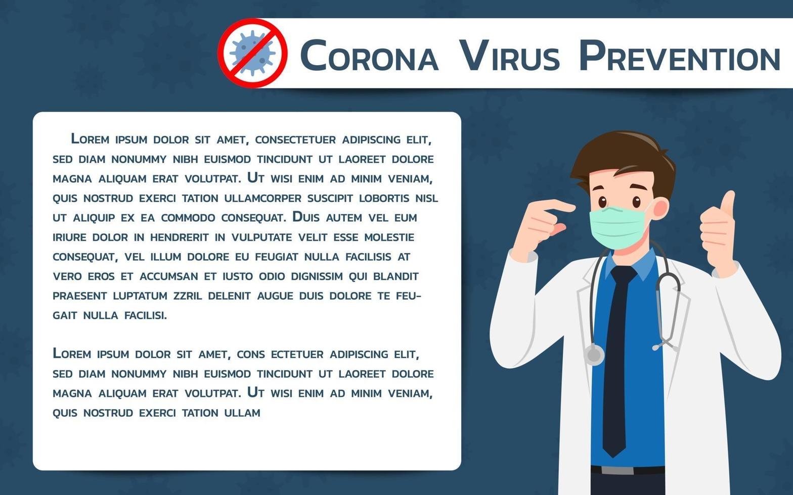 le médecin porte un masque chirurgical de protection contre le virus. la lutte contre la bannière infographique du coronavirus. vecteur