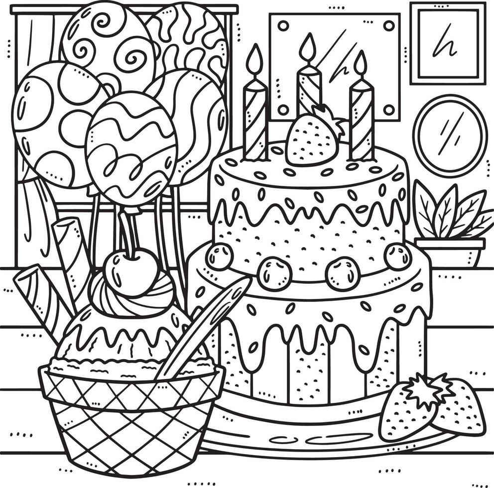 anniversaire gâteau avec la glace crème coloration page vecteur