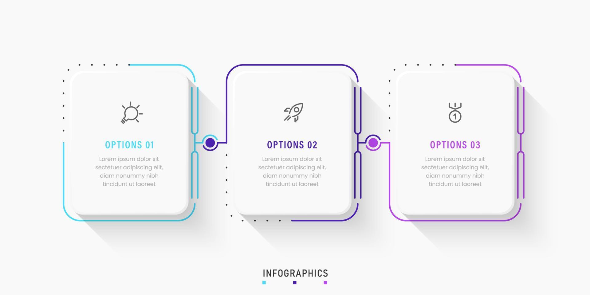 modèle de conception d'étiquettes infographiques vectorielles avec icônes et 3 options ou étapes. peut être utilisé pour le diagramme de processus, les présentations, la mise en page du flux de travail, la bannière, l'organigramme, le graphique d'informations. vecteur