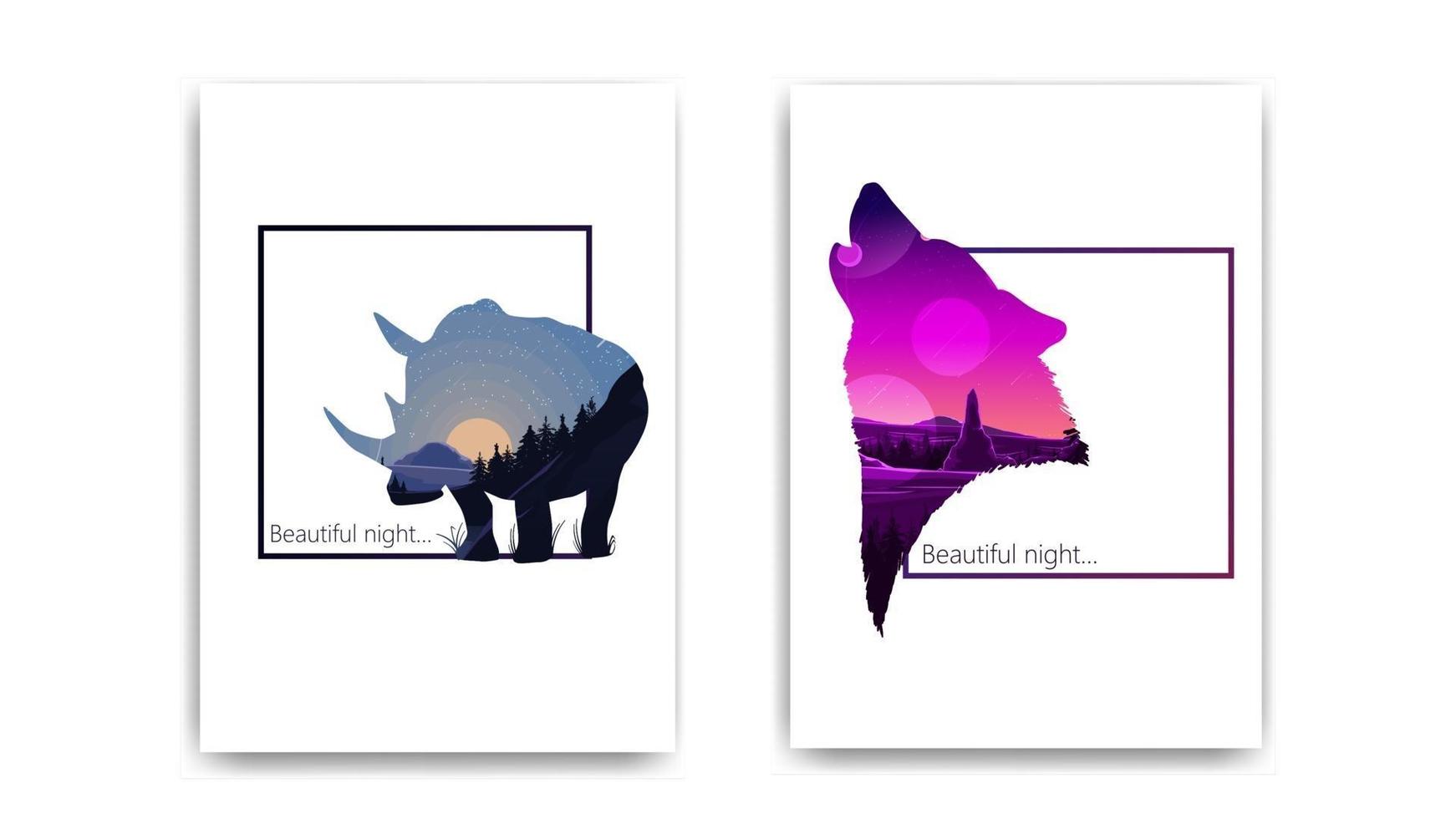 de beaux paysages sous la forme de silhouettes de rhinocéros et de loups. conception de couverture moderne du bloc-notes vecteur