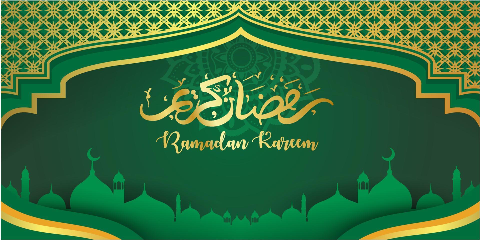 ramadan kareem concept bannière 3d cadre doré fenêtre arabe sur beau fond beau modèle arabe illustration vectorielle suspendus croissant de lune doré et étoiles coupées en papier aux nuages pour le texte vecteur