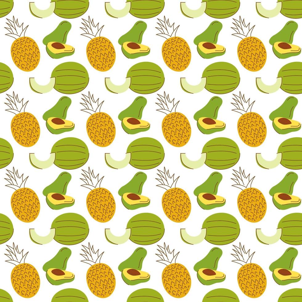 de fond avec des éléments de fruits, pastèque, banane, mangue. motif de fruits sans soudure dessiné à la main vecteur