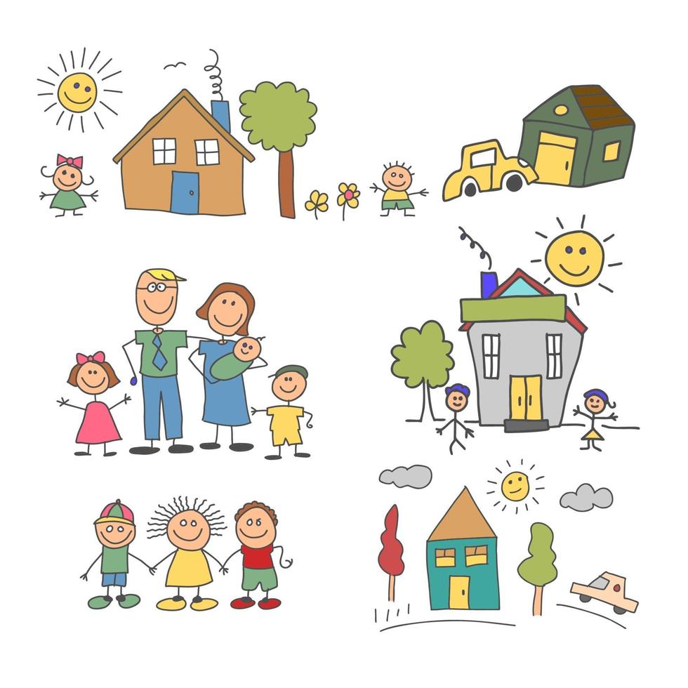 ensemble d'élément famille heureuse doodle coloré. vie de famille et ensemble de ménage vecteur