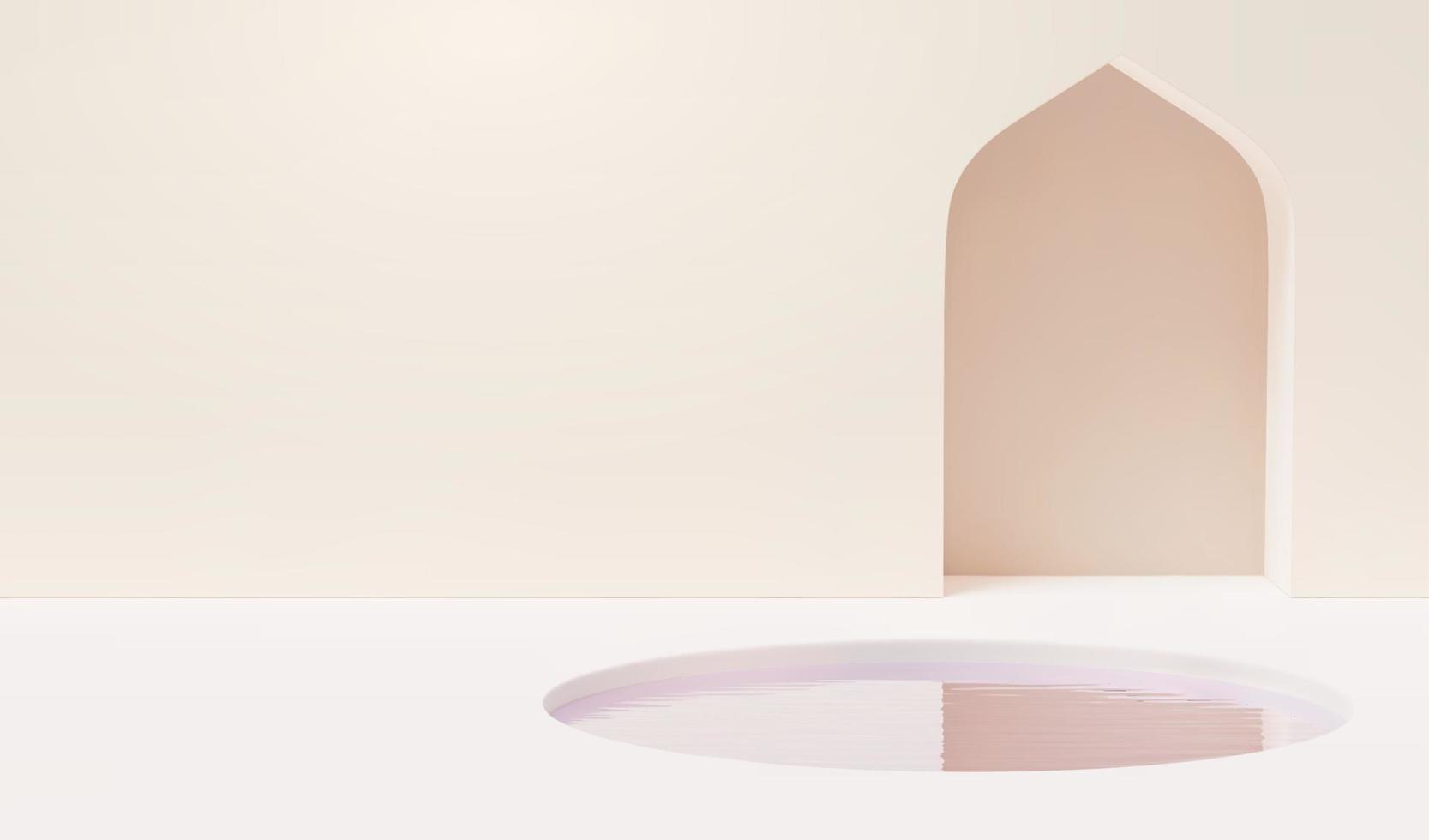 3d minimal Ivoire blanc scène conception avec islamique cambre porte et cercle l'eau étang. adapté pour produit afficher vecteur