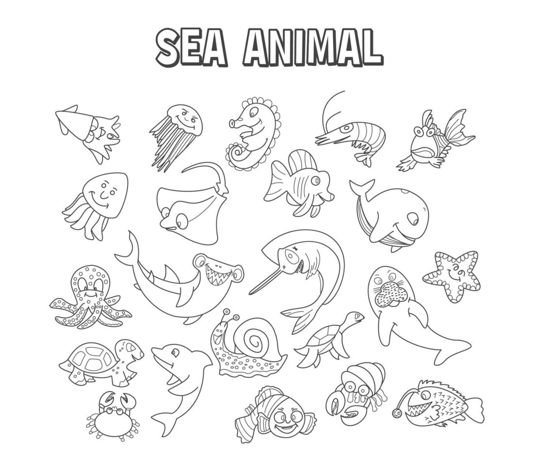 ensemble d'élément doodle animal marin. ensemble d & # 39; animaux marins vecteur