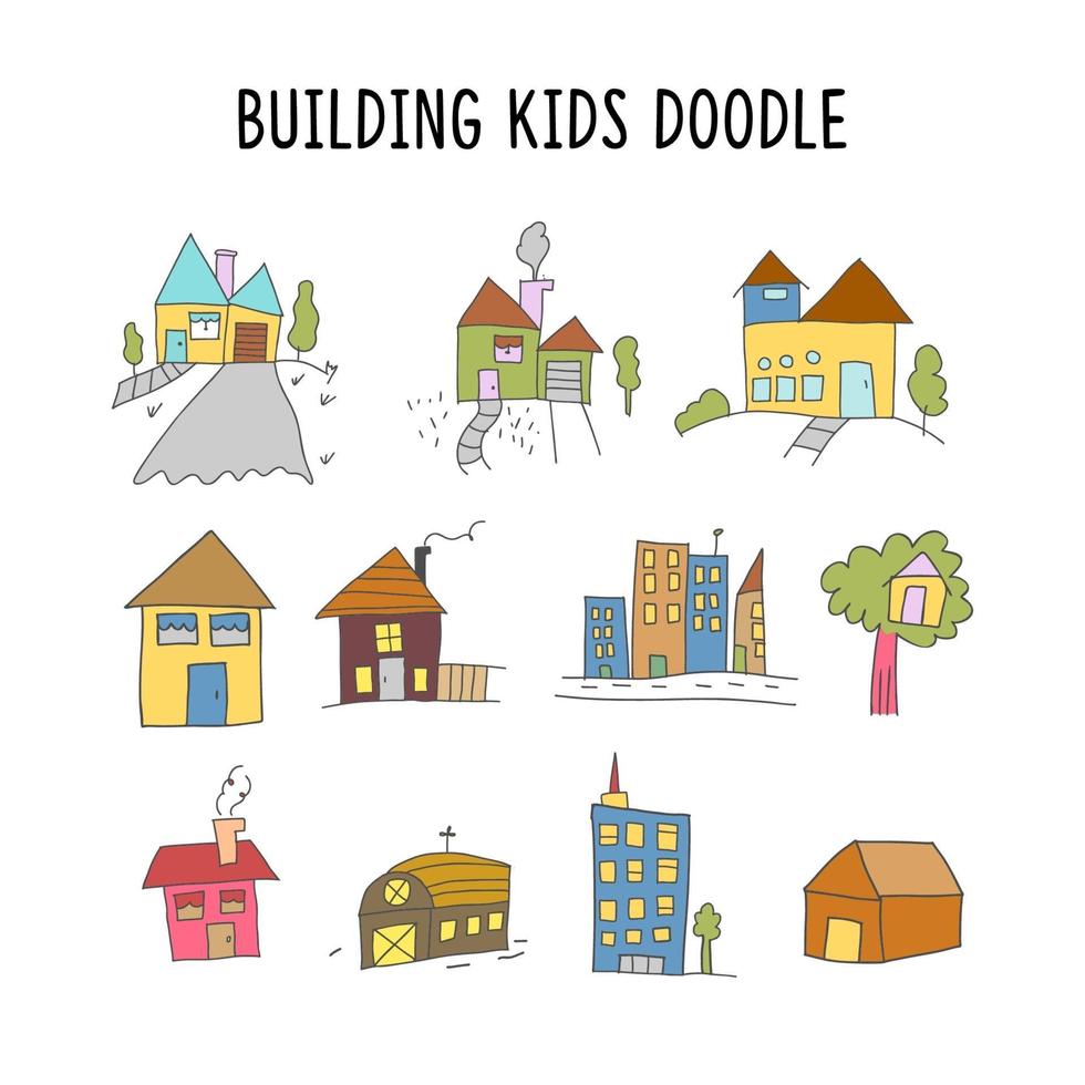 ensemble d'élément bâtiment doodle enfant. ensemble de maison et bâtiments de style doodle vecteur