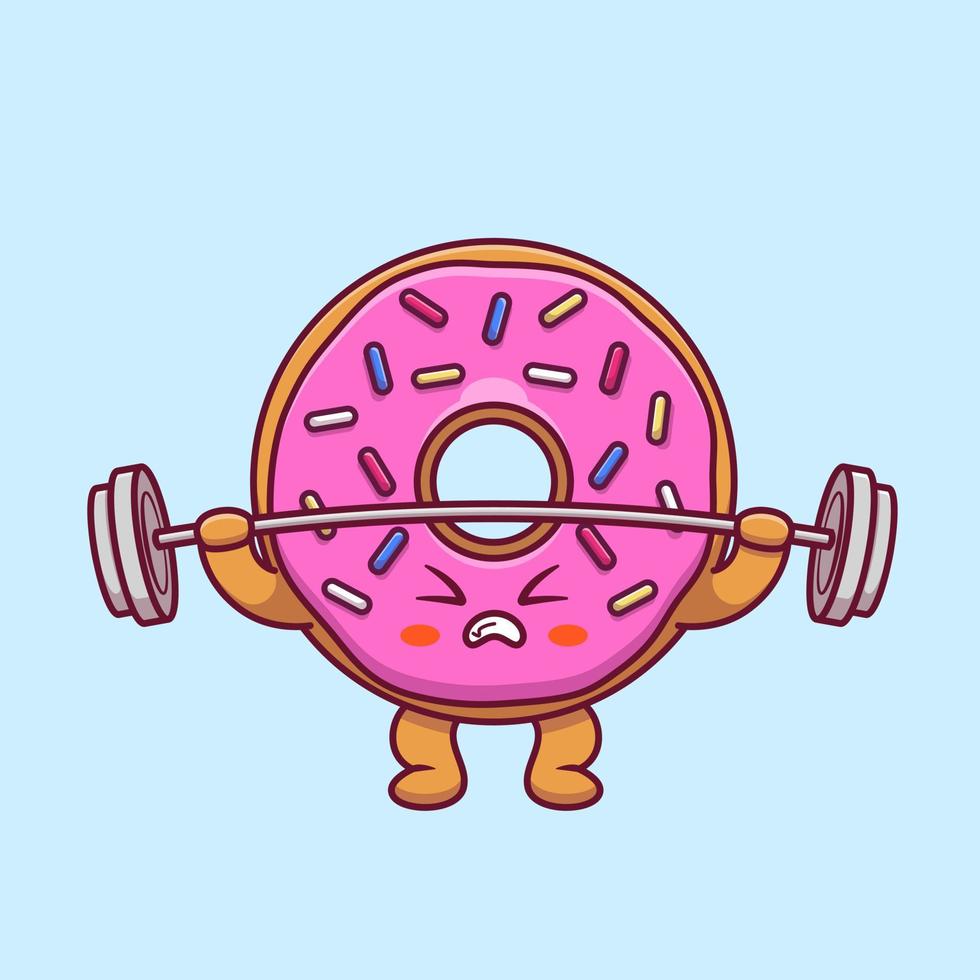 mignonne Donut levage haltère dessin animé vecteur icône illustration. nourriture en bonne santé icône concept isolé prime vecteur. plat dessin animé style