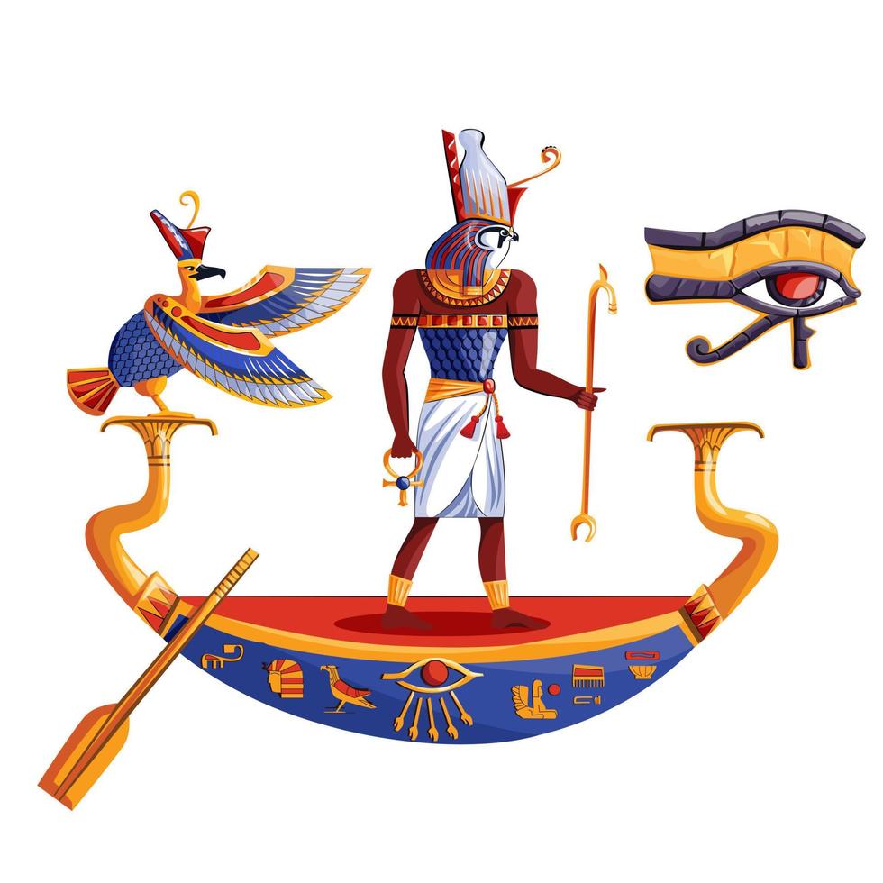 ancien Egypte Soleil Dieu ra ou horus dans bateau vecteur