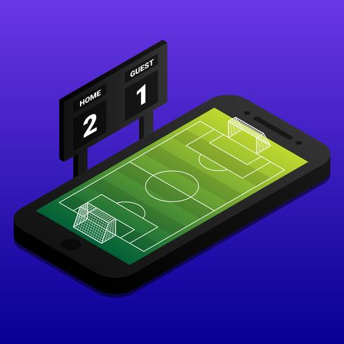 Concept en ligne de football isométrique avec terrain de football et panneau indicateur sur Smartphone vecteur