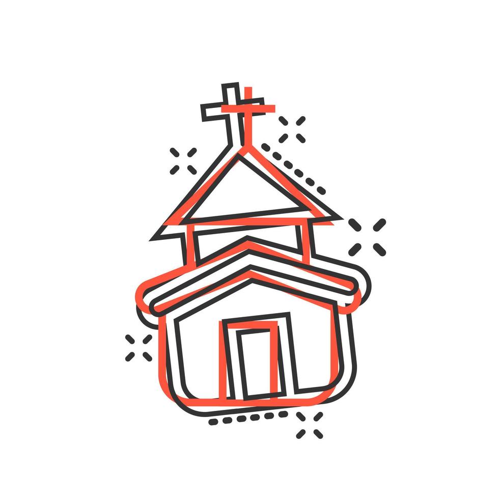 icône de l'église dans le style comique. illustration de dessin animé de vecteur de chapelle sur fond blanc isolé. effet d'éclaboussure de concept d'entreprise de bâtiment religieux.