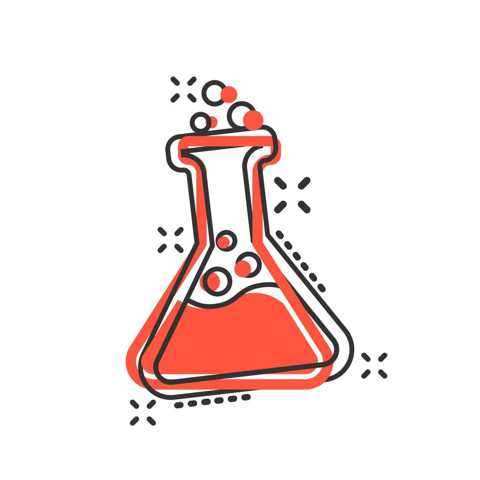 les béchers de chimie signent l'icône dans le style comique. illustration de dessin animé de vecteur de tube à essai de flacon sur fond blanc isolé. effet d'éclaboussure de concept d'entreprise d'alchimie.