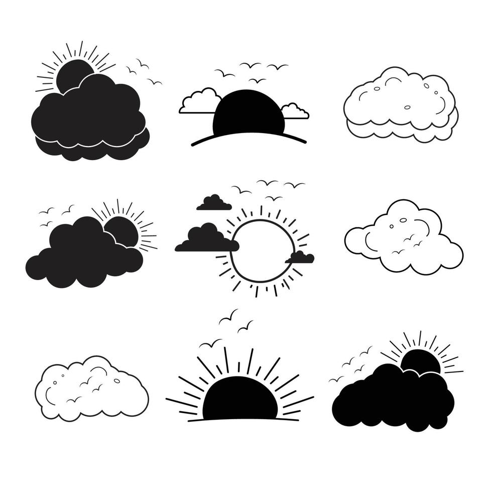 ensemble de Soleil et des nuages ligne art dessin style, temps Icônes, des nuages dans le ciel, soleil et nuage des gamins dessin pour garderie, Soleil derrière le des nuages, noir et blanc main tiré vecteur illustration.