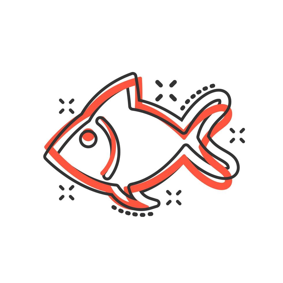 icône de signe de poisson dans le style comique. illustration de dessin animé de vecteur de poisson rouge sur fond blanc isolé. effet d'éclaboussure de concept d'entreprise de fruits de mer.