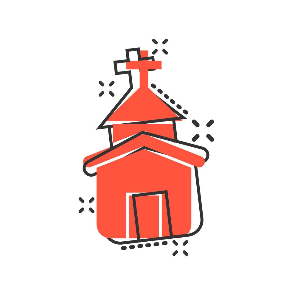 icône de l'église dans le style comique. illustration de dessin animé de vecteur de chapelle sur fond blanc isolé. effet d'éclaboussure de concept d'entreprise de bâtiment religieux.