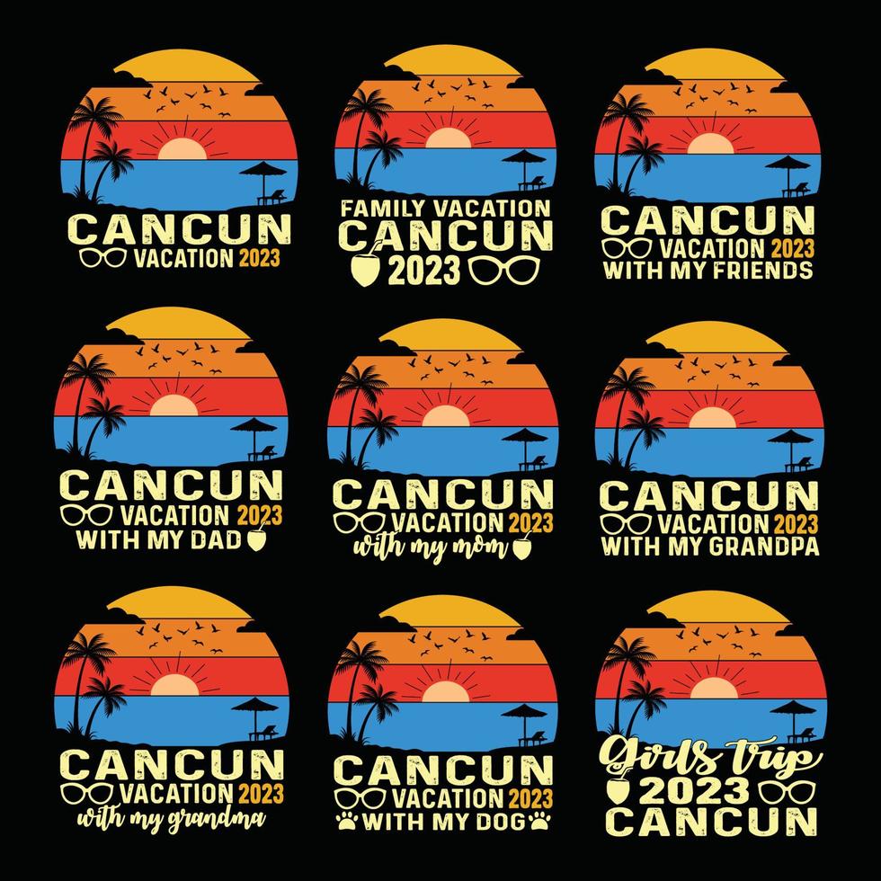 Cancun vacances 2023 Mexique plage ancien rétro le coucher du soleil T-shirt conception, avec mon famille, maman, papa, grand-père, grand-mère, chien, amis et les filles prendre plaisir été ambiance souvenirs ensemble chemise affiche impression article. vecteur