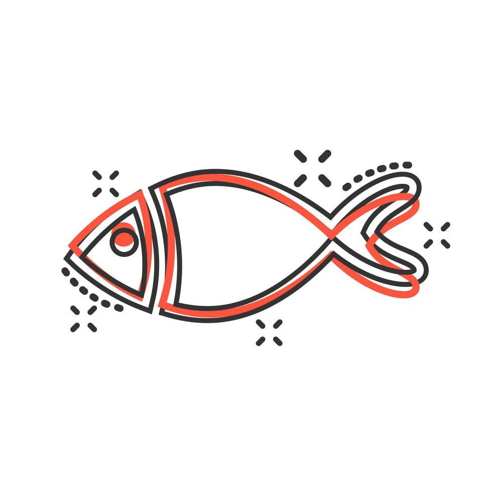 icône de signe de poisson dans le style comique. illustration de dessin animé de vecteur de poisson rouge sur fond blanc isolé. effet d'éclaboussure de concept d'entreprise de fruits de mer.