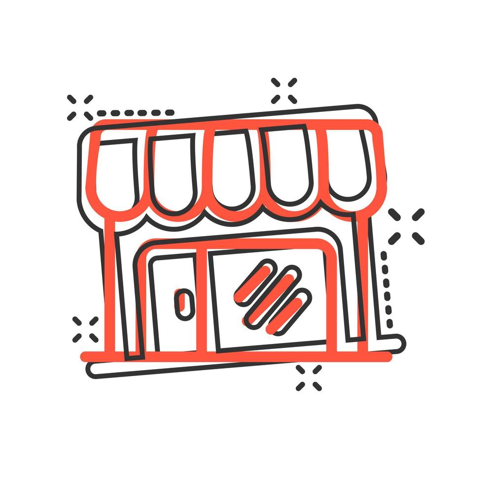 icône de l'épicerie dans le style comique. illustration de dessin animé de vecteur de construction de magasin sur fond blanc isolé. effet d'éclaboussure de concept d'entreprise de boutique de marché.