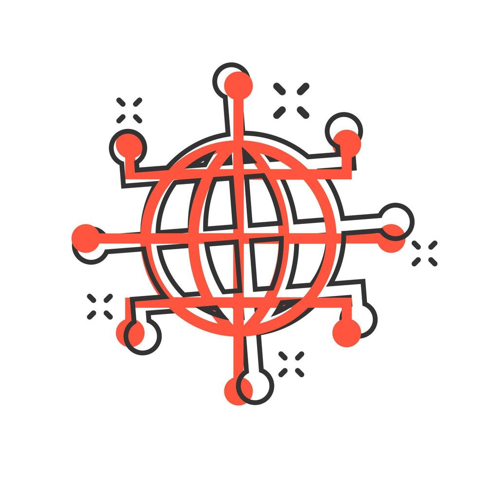 icône de réseau mondial dans le style comique. illustration de dessin animé de vecteur cyber monde sur fond blanc isolé. effet d'éclaboussure de concept d'entreprise de la terre.