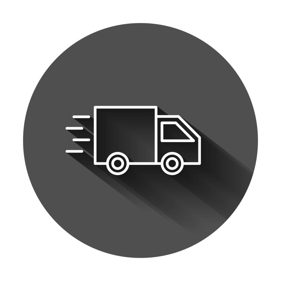 livraison un camion signe icône dans plat style. van vecteur illustration sur noir rond Contexte avec longue ombre. cargaison voiture affaires concept.