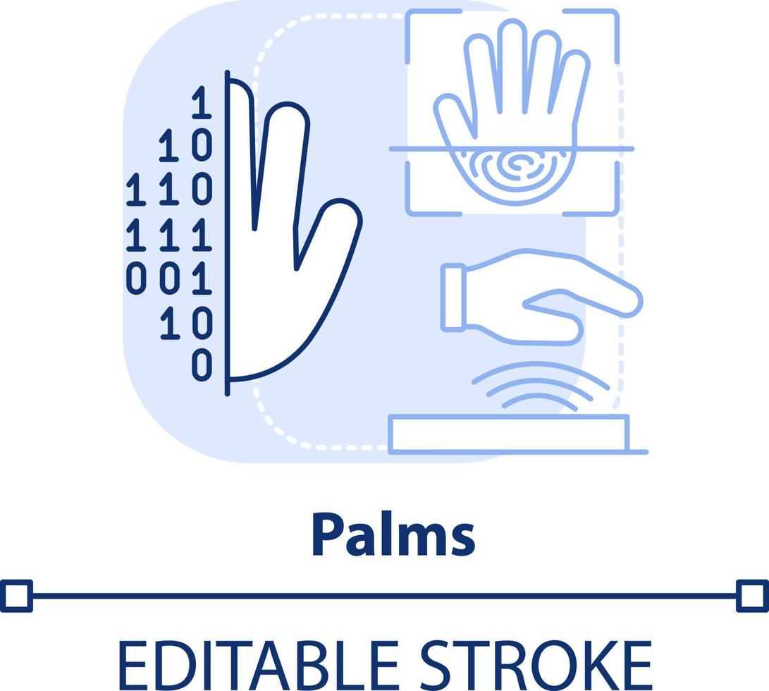 paumes lumière bleu concept icône. biométrique identification La technologie abstrait idée mince ligne illustration. paume veine analyse. isolé contour dessin. modifiable accident vasculaire cérébral vecteur