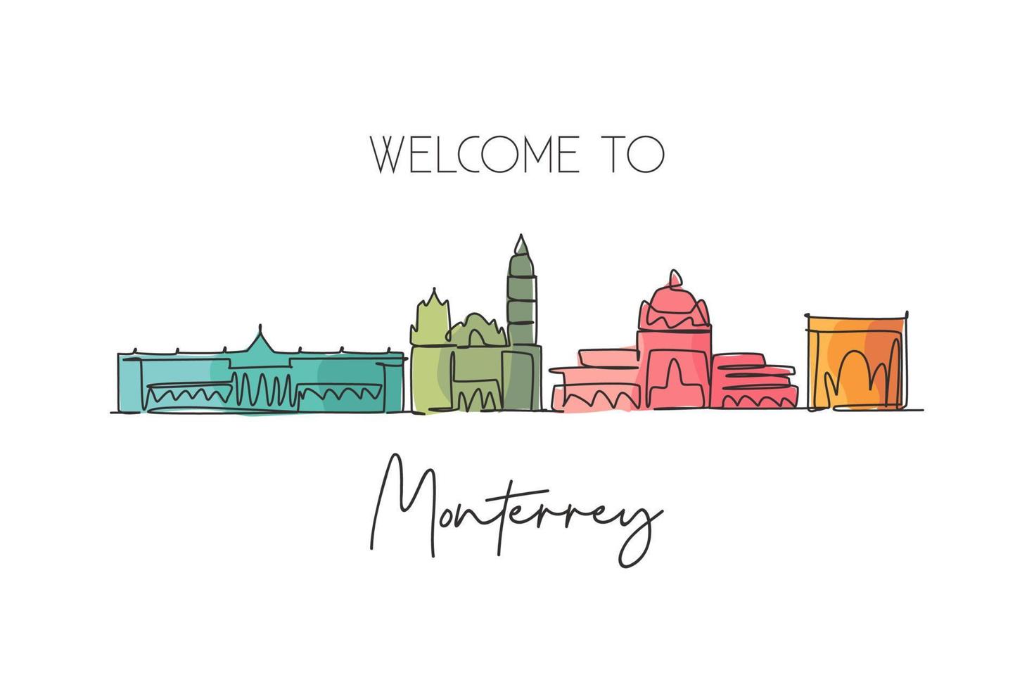 dessin en ligne continue unique de l'horizon de monterrey, mexique. célèbre carte postale de paysage de grattoir de ville. concept de destination de voyage mondial. trait modifiable illustration vectorielle de dessin à une ligne moderne vecteur