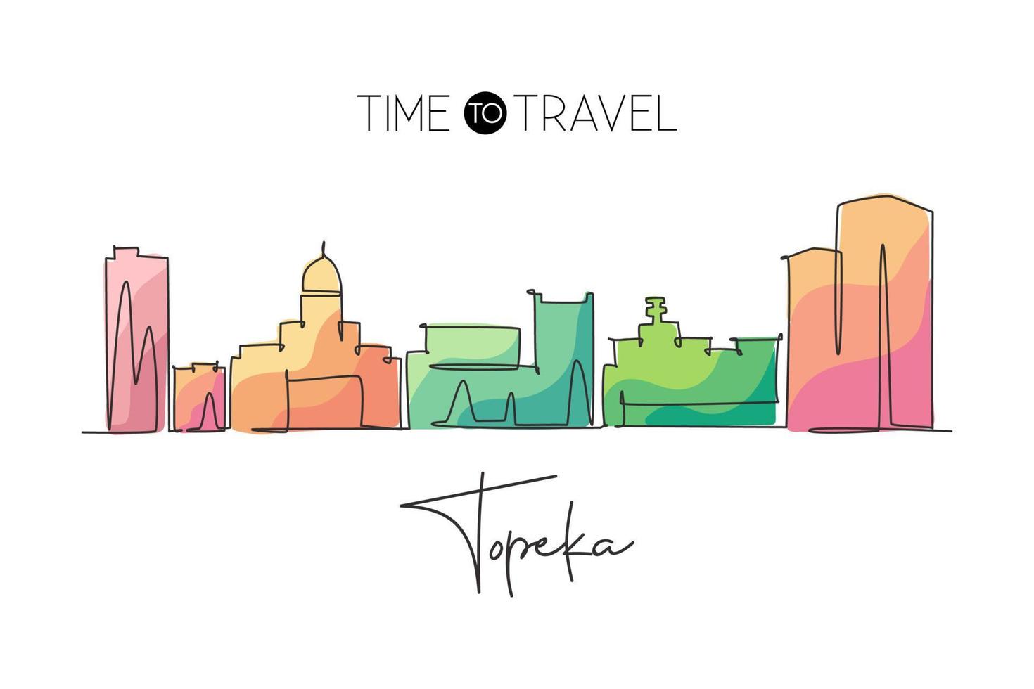 un seul dessin sur les toits de la ville de topeka, kansas. paysage de ville historique du monde. meilleure carte postale de destination de vacances. trait modifiable tendance ligne continue dessiner conception graphique illustration vectorielle vecteur