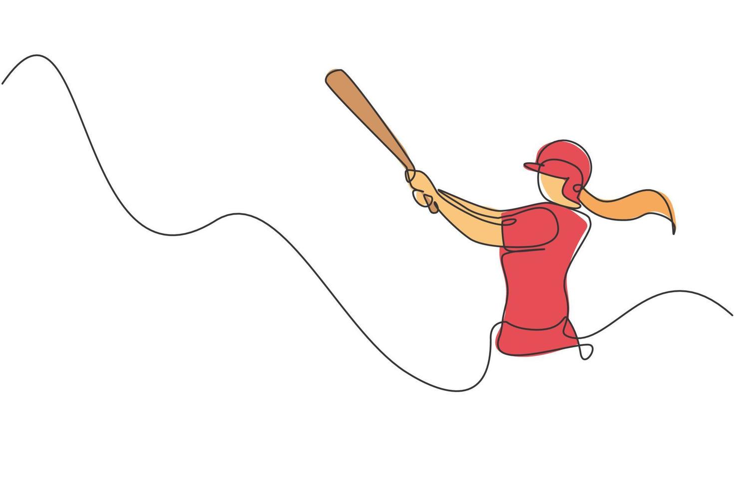 un dessin d'une seule ligne d'entraînement de joueur de baseball de jeune femme énergique pour frapper l'illustration vectorielle de balle. concept d'entraînement sportif. conception de dessin en ligne continue moderne pour la bannière du tournoi de baseball vecteur