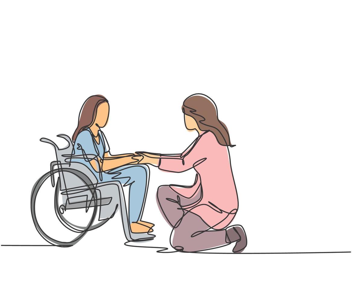 un dessin au trait d'un jeune médecin visitant et serrant la main du vieux patient en fauteuil roulant à l'hôpital. concept de service de soins de santé. illustration vectorielle de dessin au trait continu vecteur