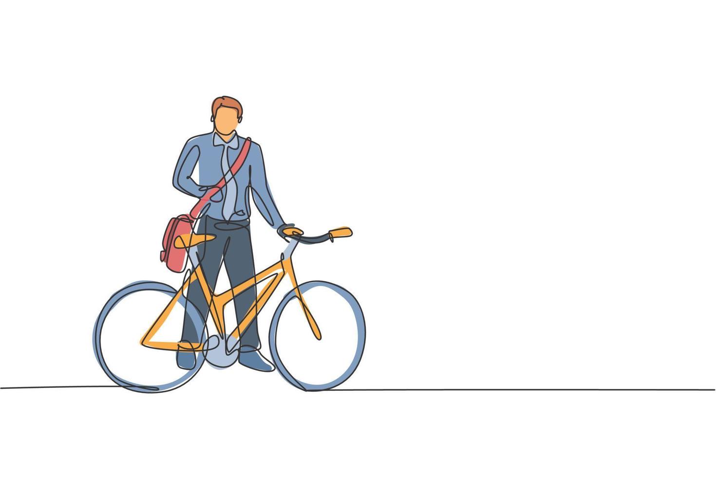 une seule ligne continue dessinant un jeune homme d'affaires professionnel à vélo vers son entreprise. vélo au travail, concept de transport écologique. illustration graphique vectorielle de conception de dessin à une ligne à la mode vecteur