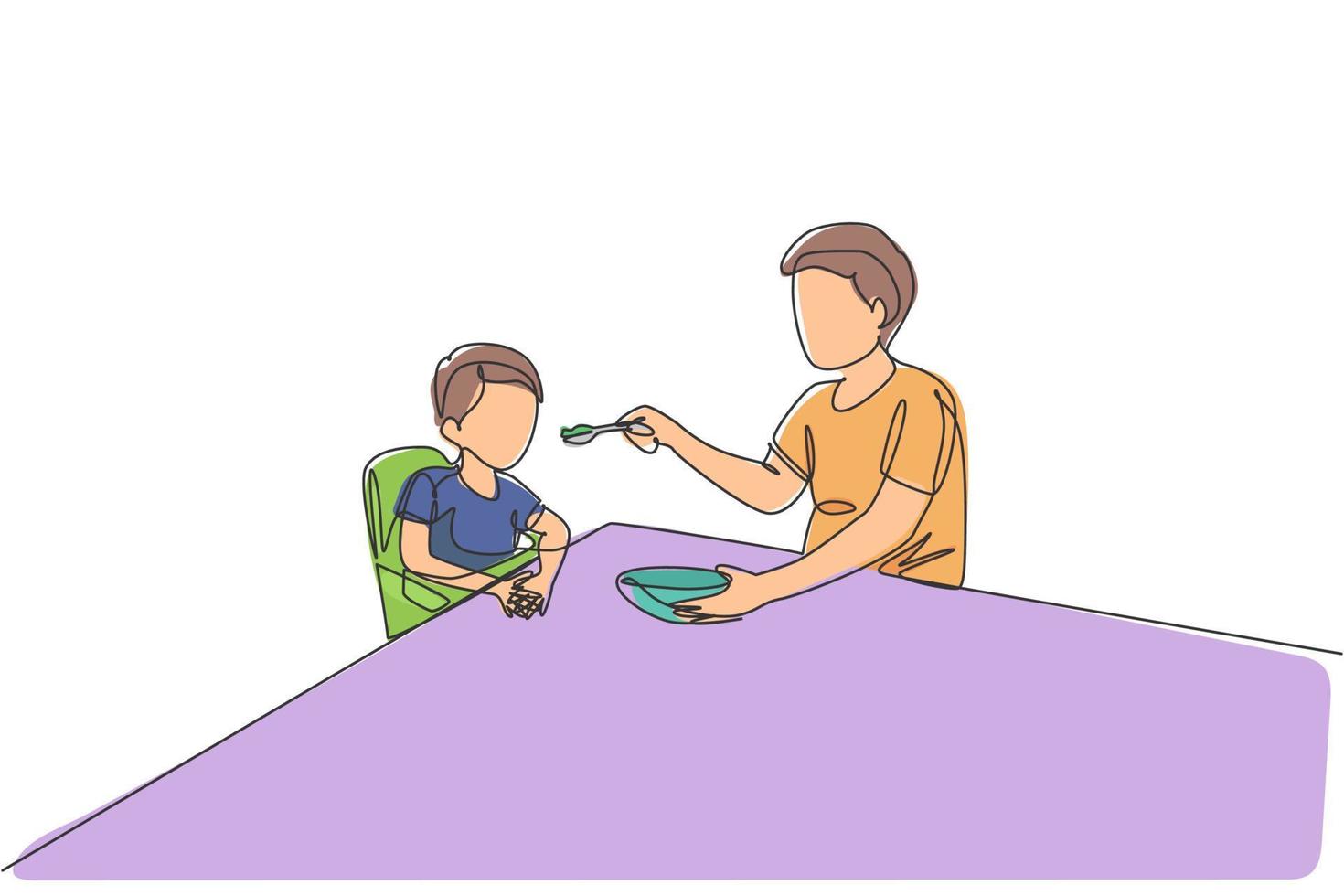 un dessin au trait continu d'un jeune père nourrissant son fils malade de la fièvre alors qu'il était assis sur une chaise à manger à la maison. concept de parentalité familiale heureuse. illustration vectorielle graphique de conception de dessin à une seule ligne dynamique vecteur