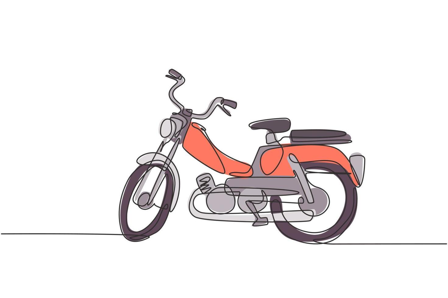 un dessin au trait continu d'une ancienne icône de moto vintage rétro. Concept de transport moto classique dessiner une seule ligne design graphique d'illustration vectorielle vecteur