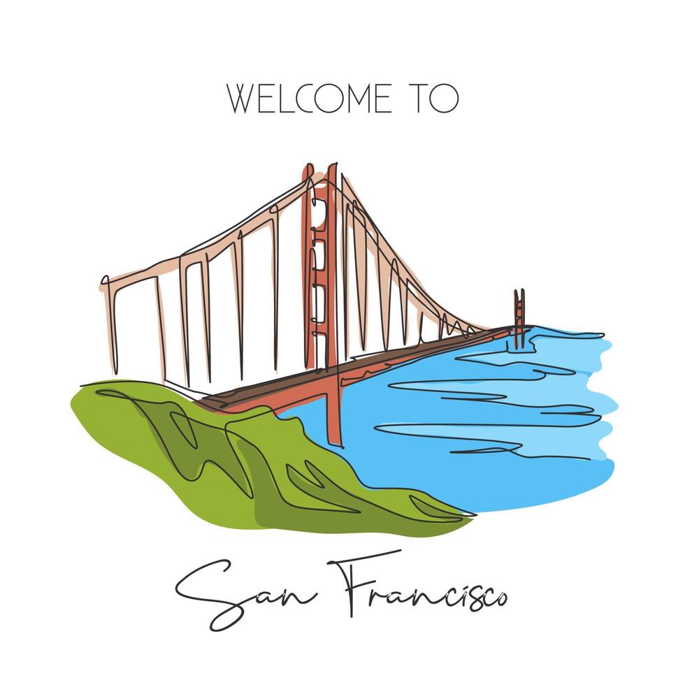 une seule ligne dessinant le point de repère du pont du golden gate. lieu emblématique de san francisco, états-unis. concept d'impression d'affiche d'art mural de décoration de voyage de tourisme. illustration vectorielle de dessin de ligne continue moderne vecteur