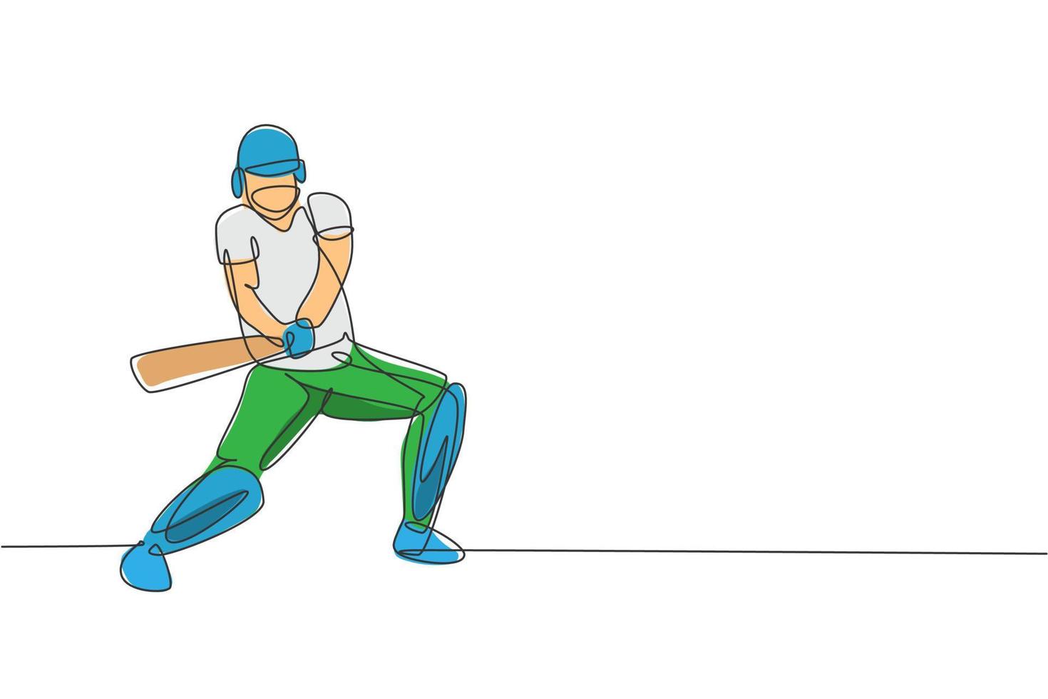 dessin en ligne continue unique d'un jeune homme agile joueur de cricket debout prêt à frapper l'illustration vectorielle de balle. concept d'exercice sportif. conception à la mode d'une ligne pour les médias de promotion du cricket vecteur