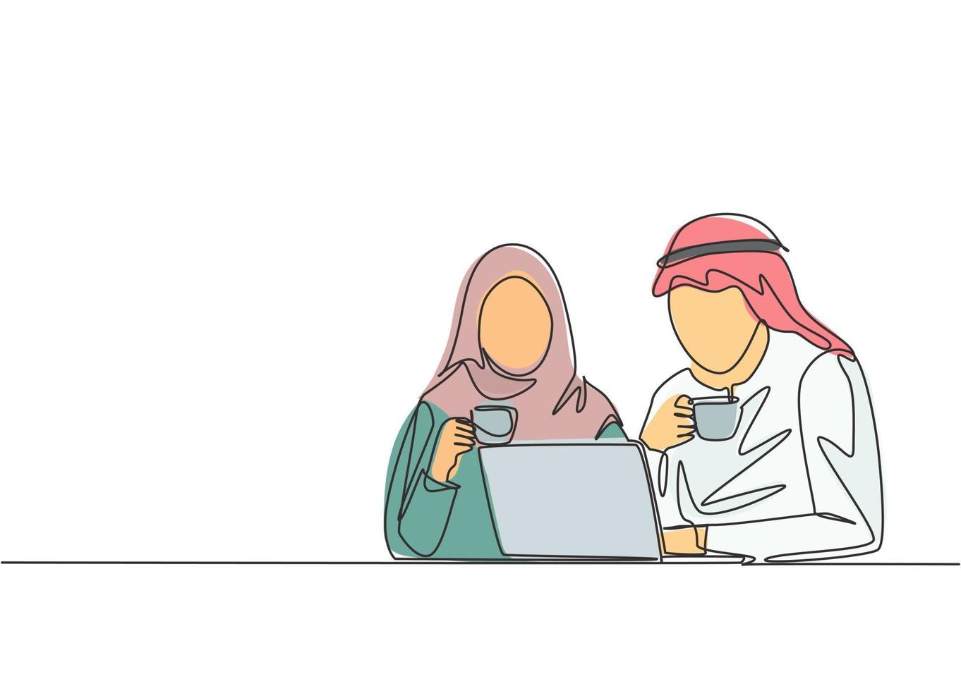 un seul dessin au trait de jeunes travailleurs musulmans et musulmans discutant au bureau. kandura, shemag, hijab et voile en tissu arabe moyen-orient masculin et féminin. illustration de conception de dessin en ligne continue vecteur