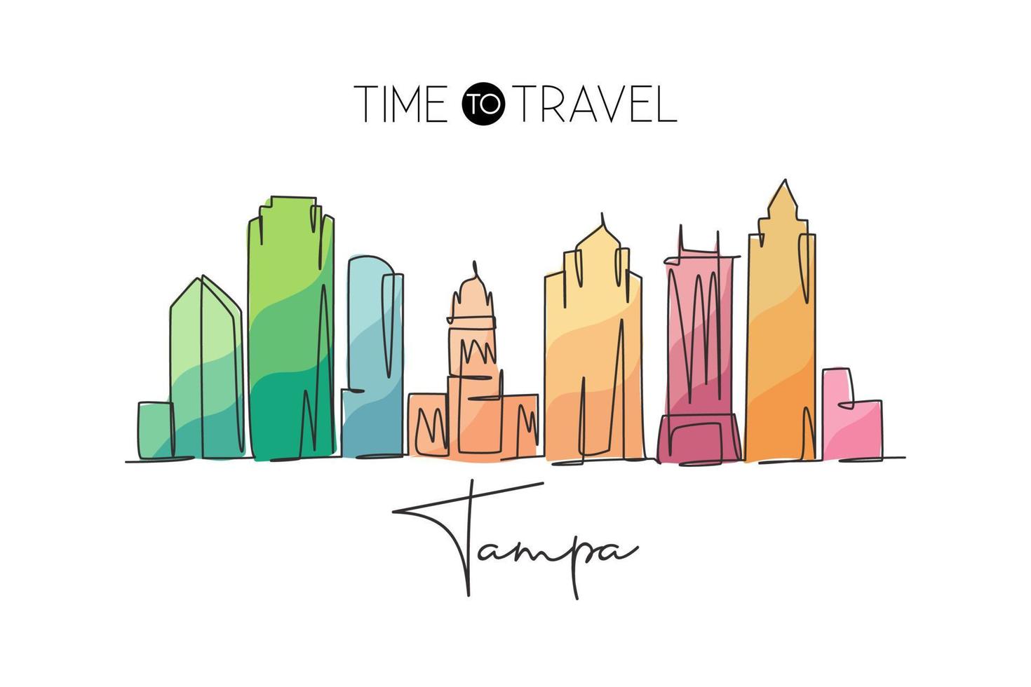 une ligne continue dessinant les toits de la ville de tampa, états-unis. beau repère. affiche de vacances de voyage de tourisme de paysage mondial. illustration vectorielle de conception de dessin de ligne unique de trait élégant modifiable vecteur