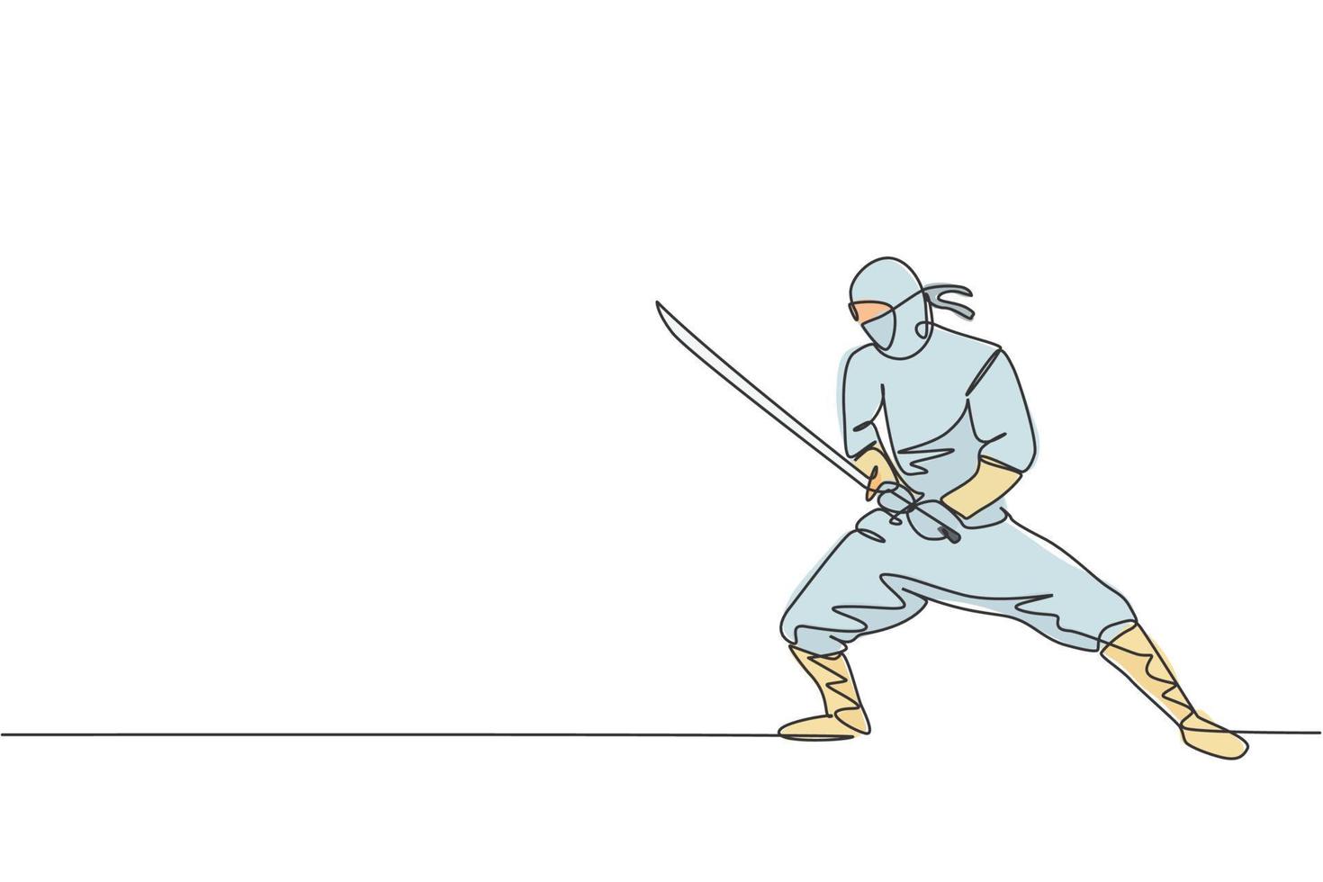 un dessin d'une seule ligne de jeune ninja traditionnel japonais énergique tenant l'épée de samouraï en attaque pose illustration vectorielle. concept de sport d'art martial combatif. conception moderne de dessin en ligne continue vecteur