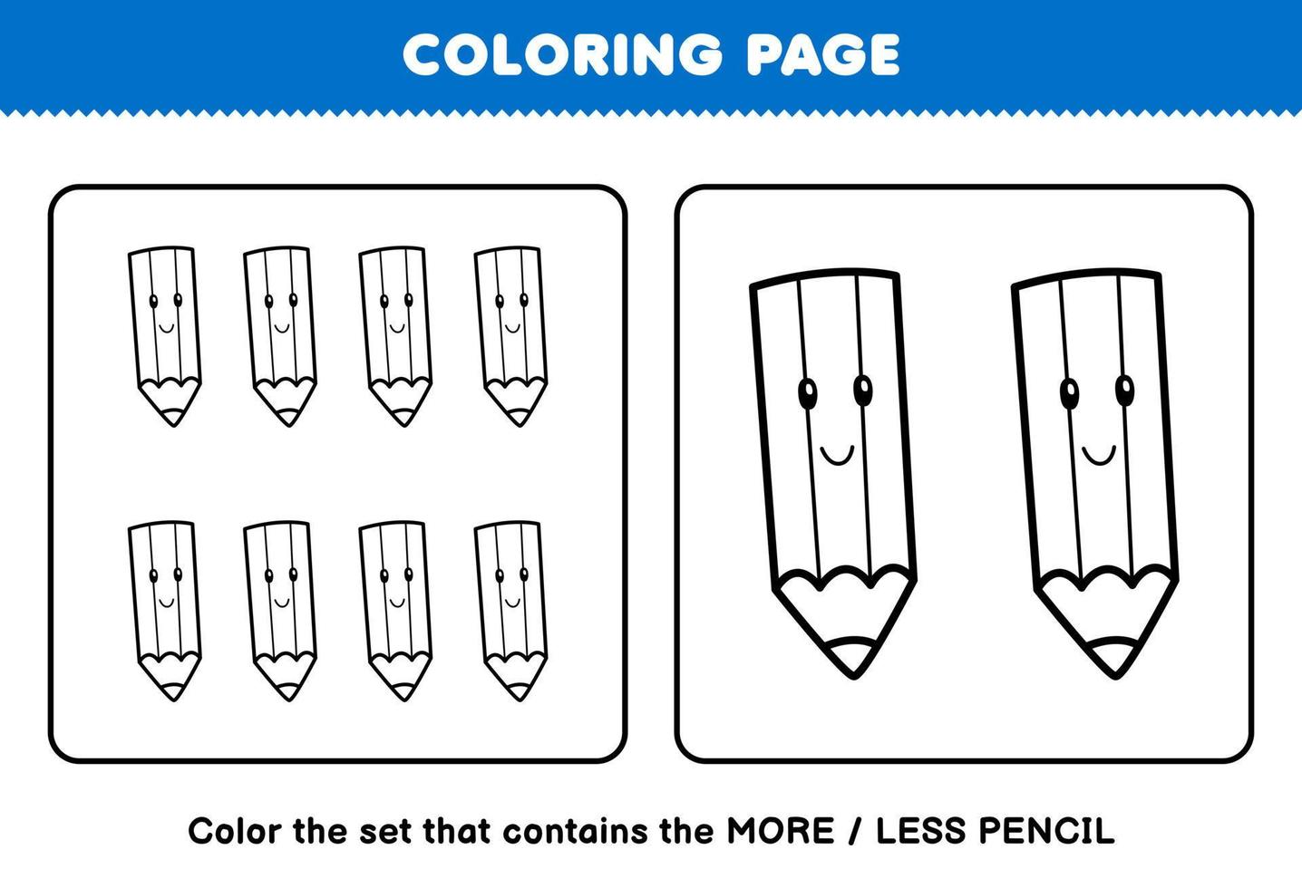 éducation Jeu pour les enfants coloration page plus ou Moins image de mignonne dessin animé crayon ligne art ensemble imprimable outil feuille de travail vecteur