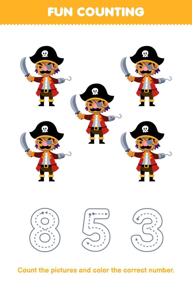 éducation Jeu pour les enfants compter le des photos et Couleur le correct nombre de mignonne dessin animé capitaine personnage imprimable pirate feuille de travail vecteur