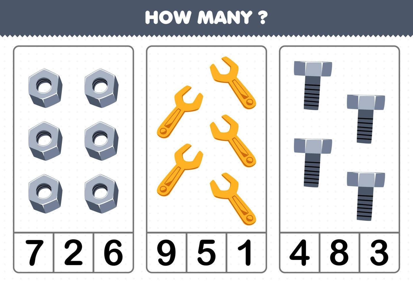 éducation Jeu pour les enfants compte Comment beaucoup mignonne dessin animé écrou clé boulon image imprimable outil feuille de travail vecteur